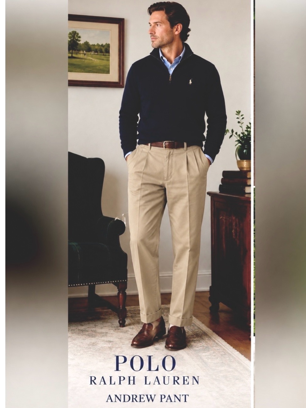 VTG POLO RALPH LAUREN
ANDREW PANT TAN DOUBLE-PLEATED 
CHINO MADE IN USA Sz38/34